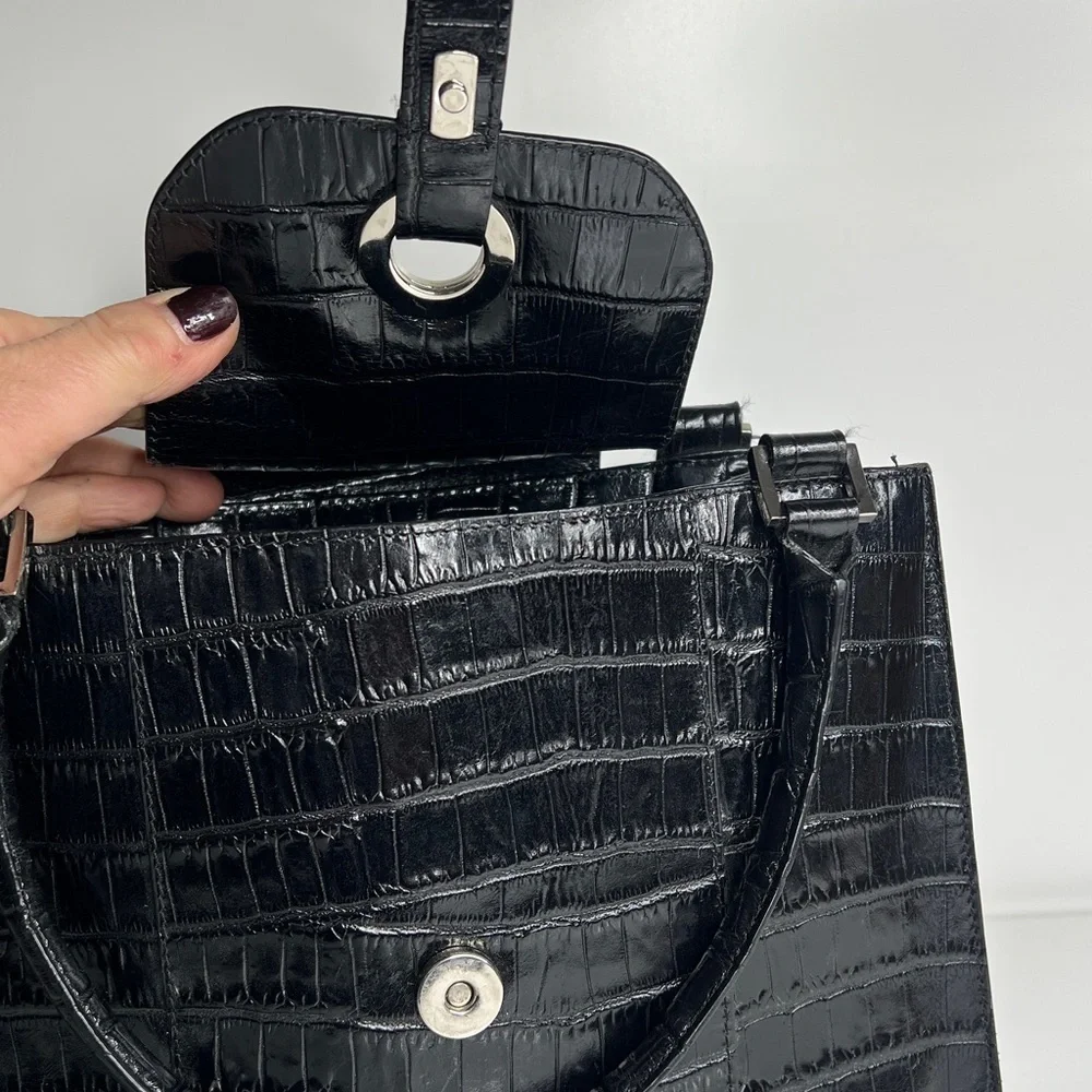 Bloomingdale’s Black Croc Embossed Leather Double Compartment Handbag